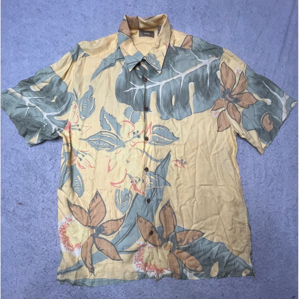Natural Issue Mens L Yellow Tropical Floral‎ Aloha Rayon Button Down Shirt VTG